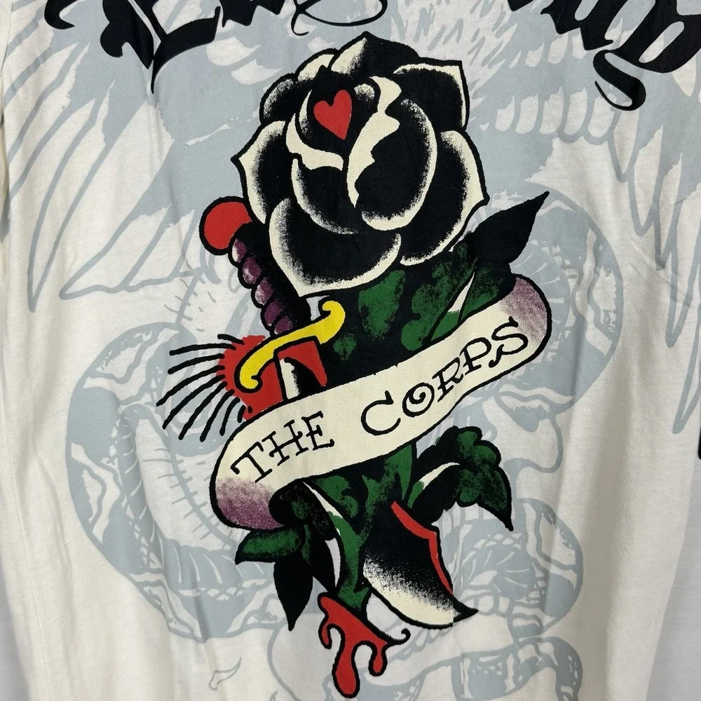 Ed Hardy Deh Corps Graphic Tee Small Ivory Rose Skull Wings Y2K NWT - Picture 3 of 6